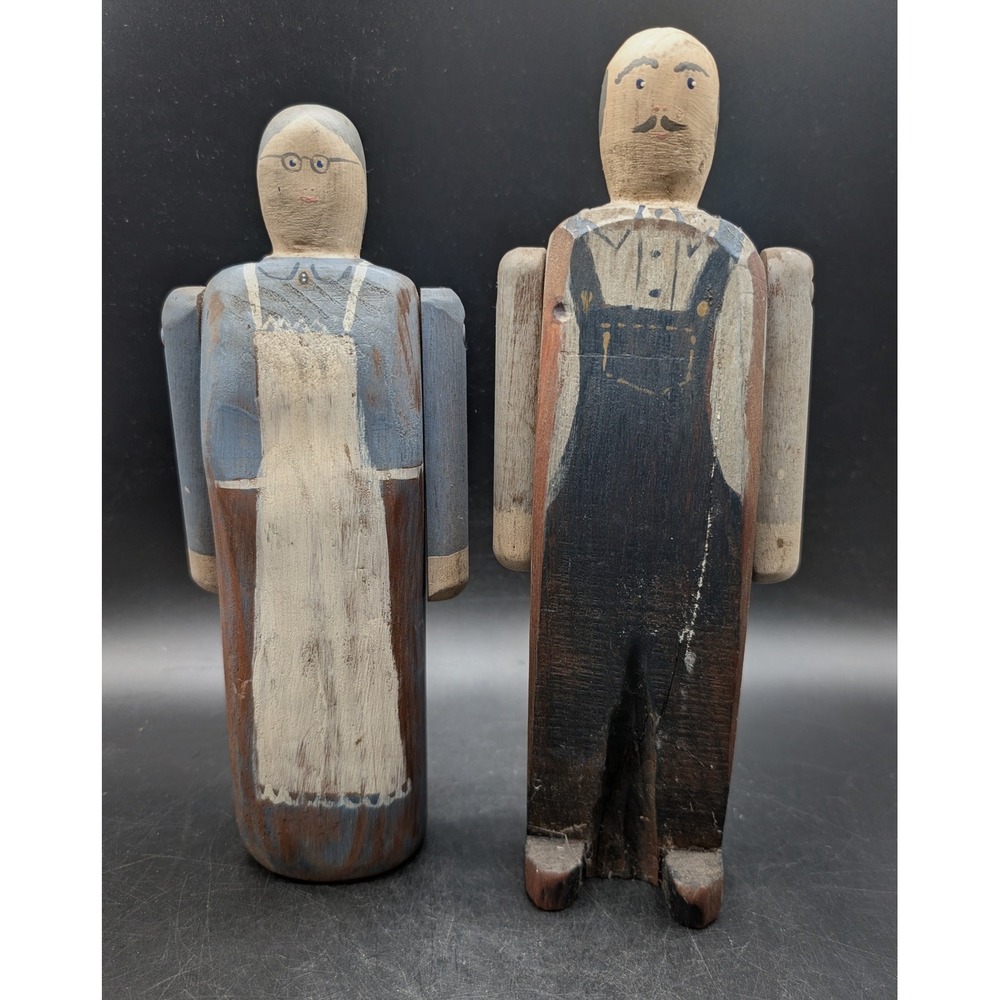 Wolf Creek Folk Art Wooden Farmer Couple Figurines Rustic Primitive Hand Painted